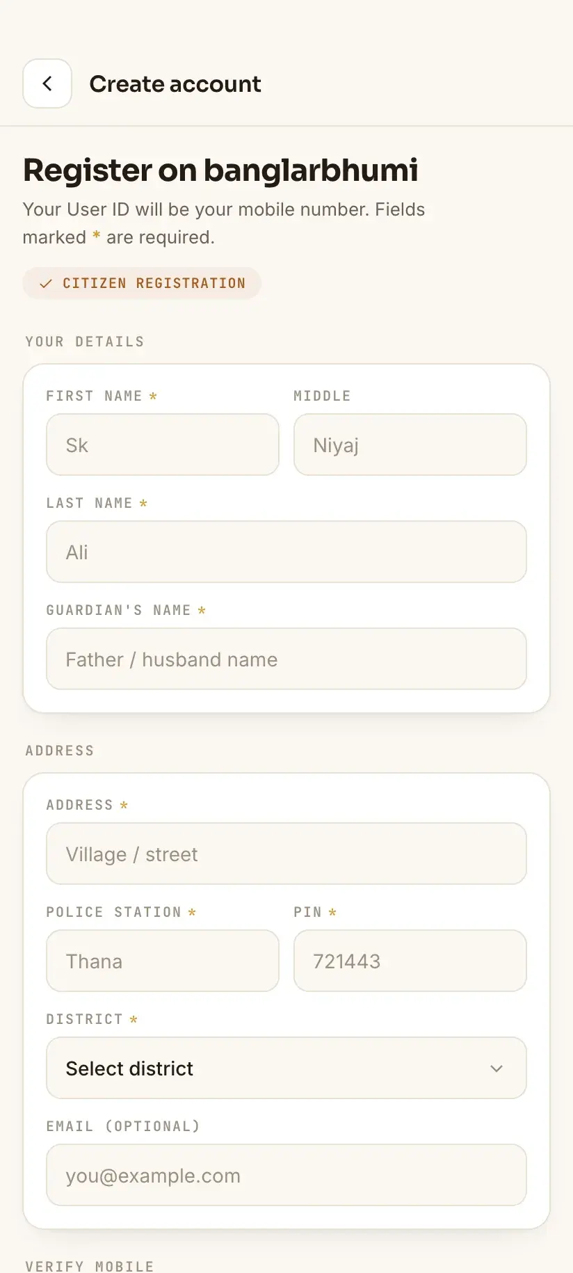 Bhumir Tathya — creating a banglarbhumi.gov.in account from inside the app