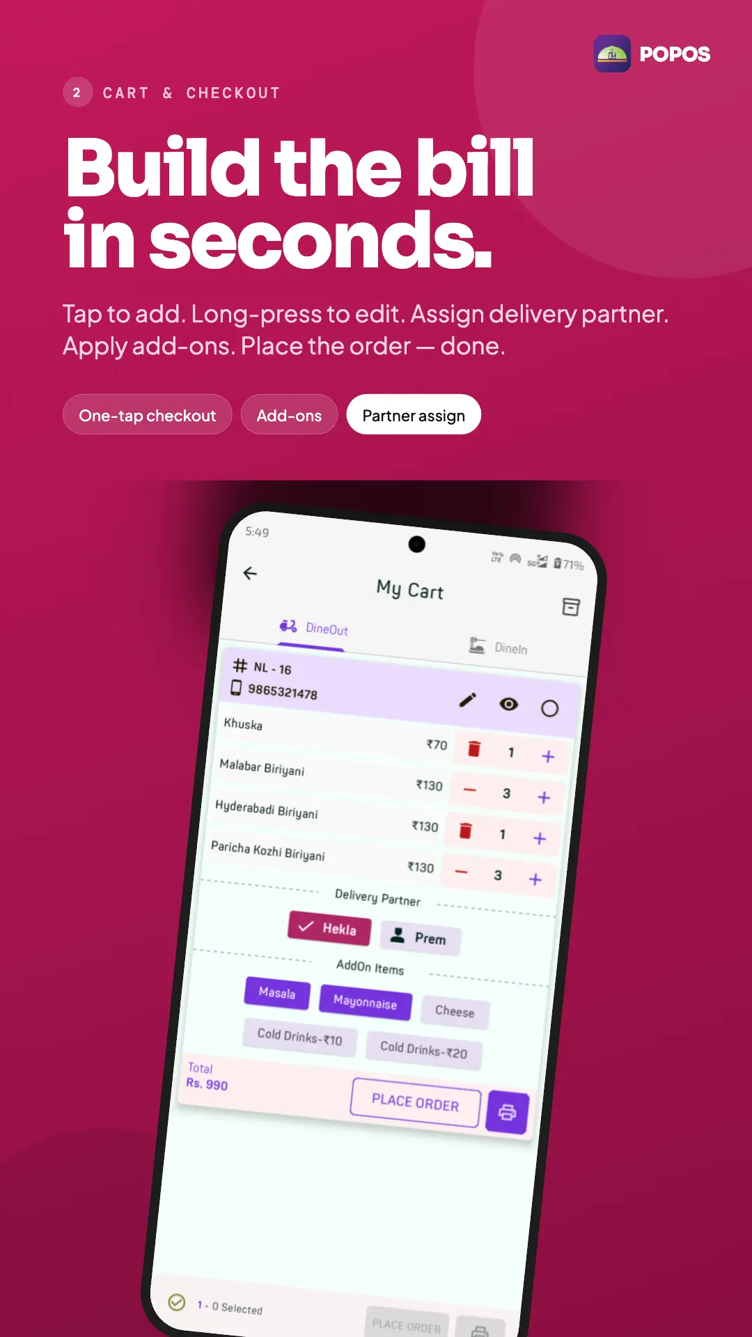 POPOS — My Cart screen with biriyani items, quantities, delivery partner selection and a Place Order button