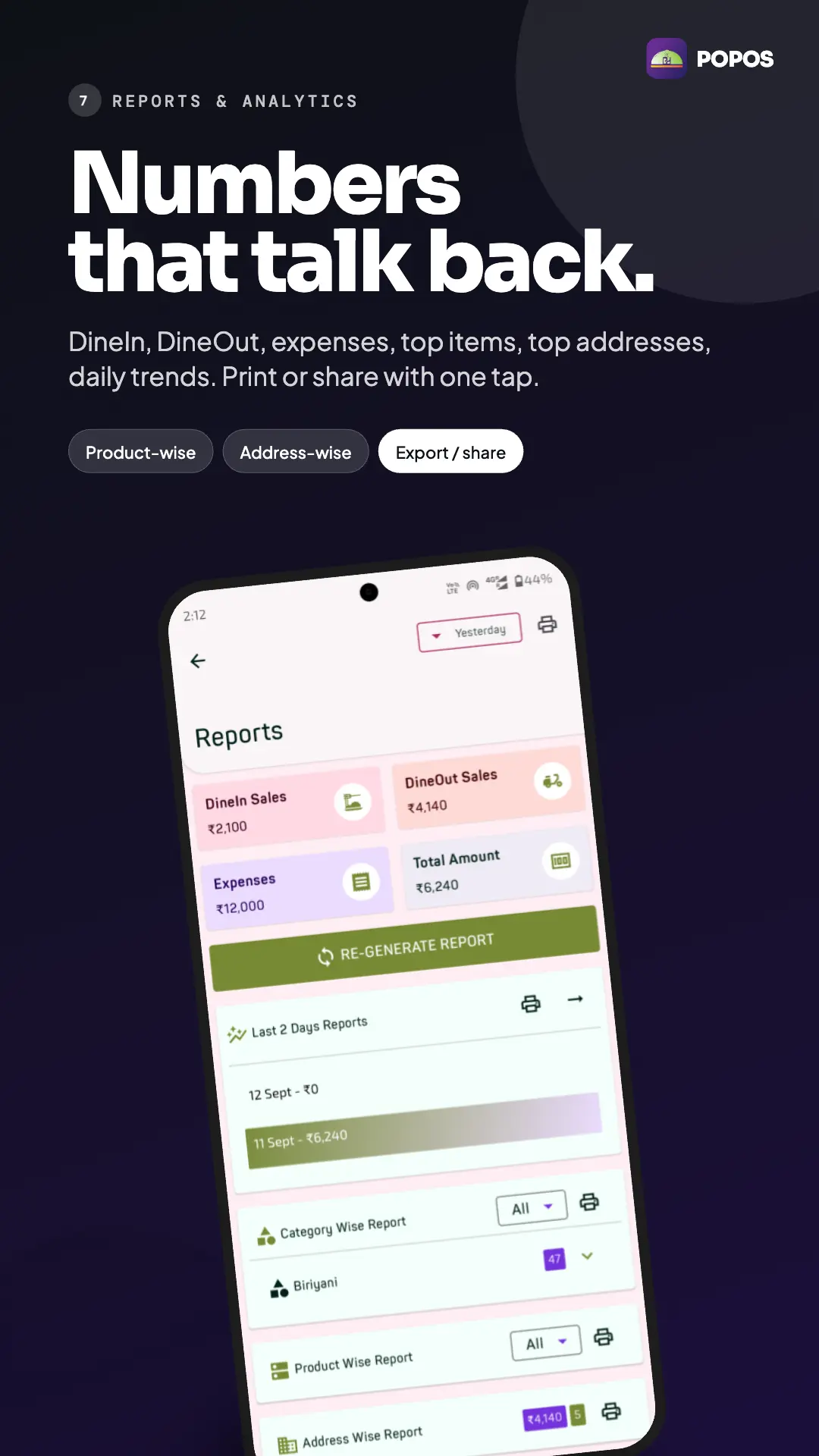 POPOS — Reports screen with DineIn and DineOut sales, expenses and a re-generate report button