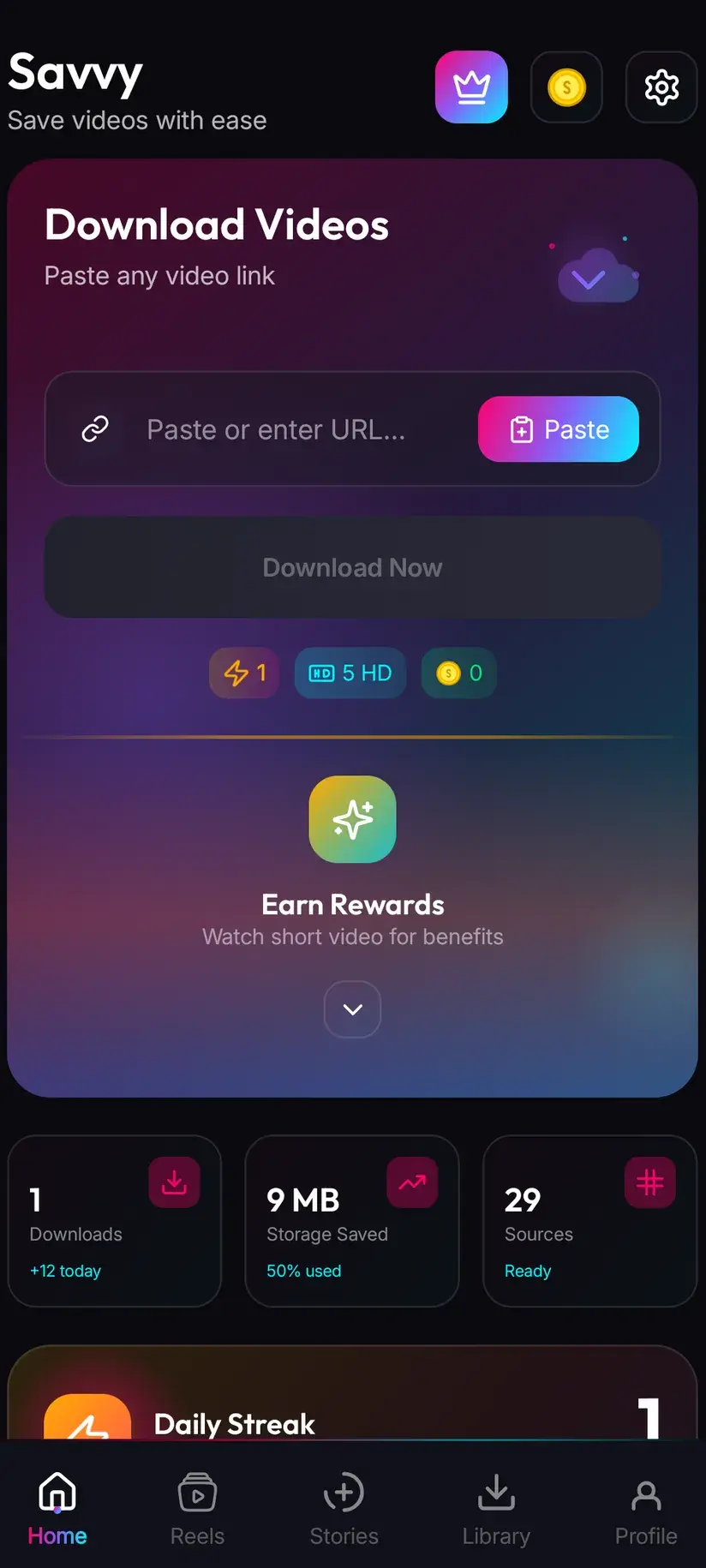Savvy — the home screen, with a paste-a-link field and the supported platform grid