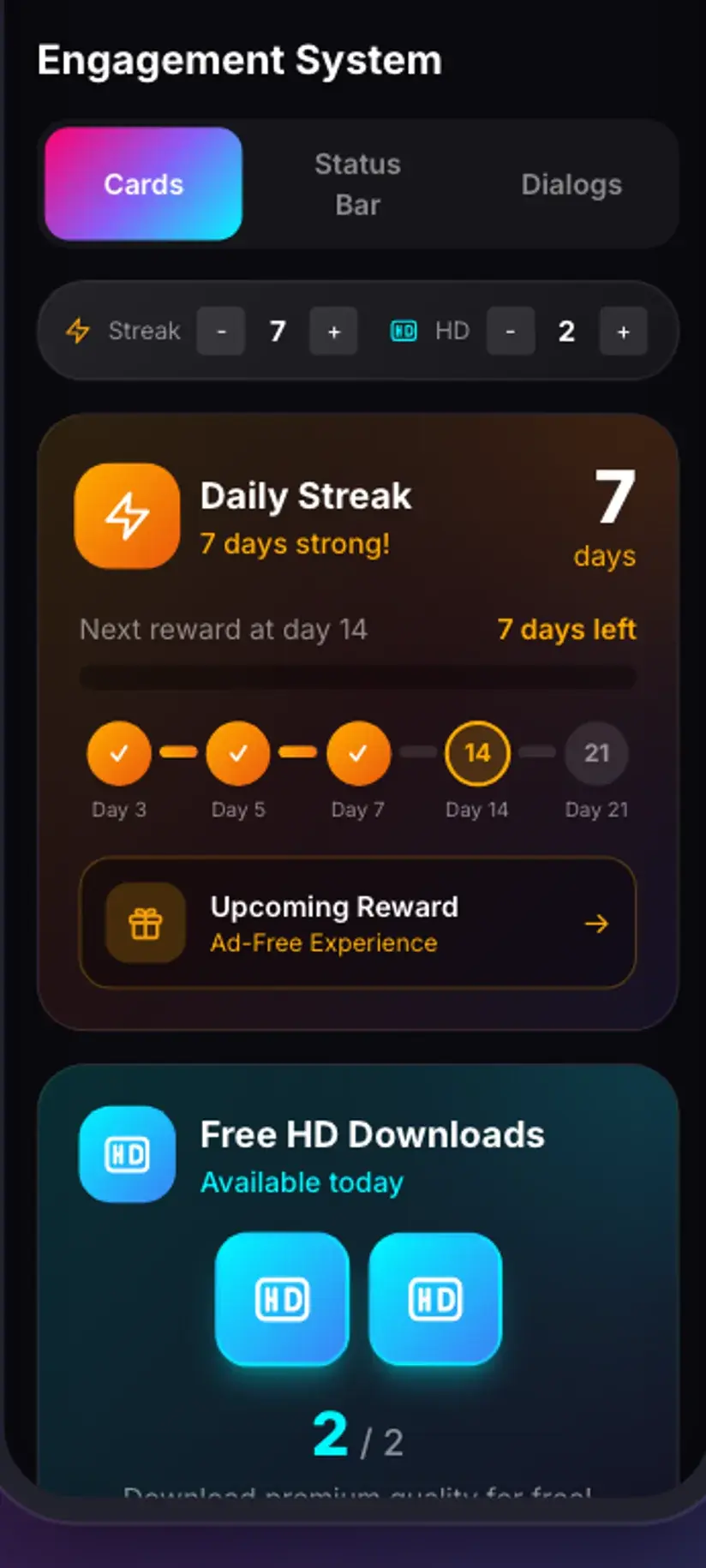 Savvy — the rewards screen with daily streaks and achievement milestones