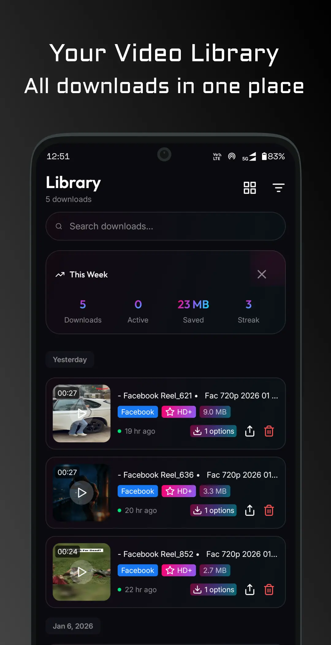 Savvy — Library screen listing recent Facebook Reel downloads with sizes and quality tags
