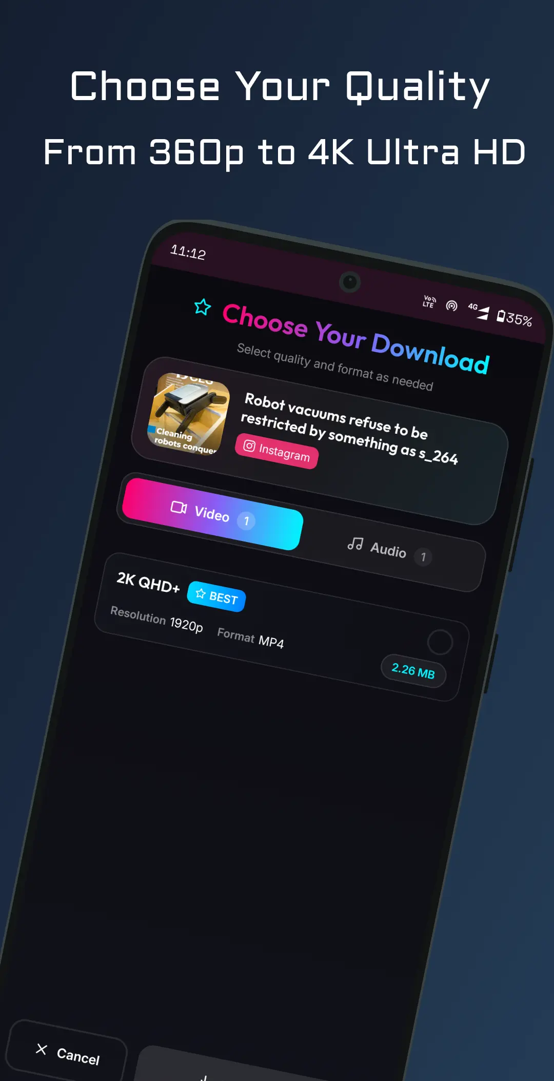 Savvy — quality picker showing a 2K QHD+ MP4 option for a downloaded reel
