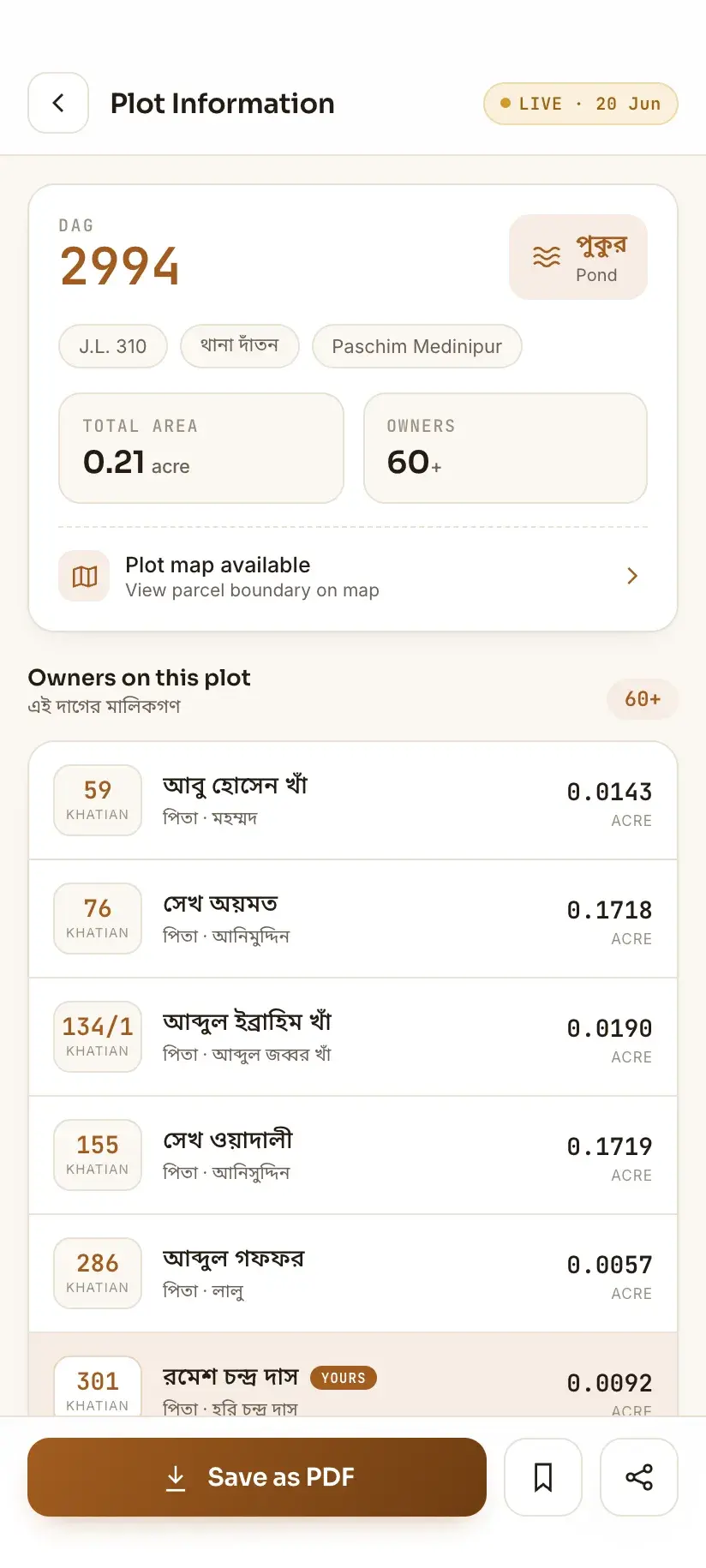 Bhumir Tathya — plot information listing every Khatian holding a share