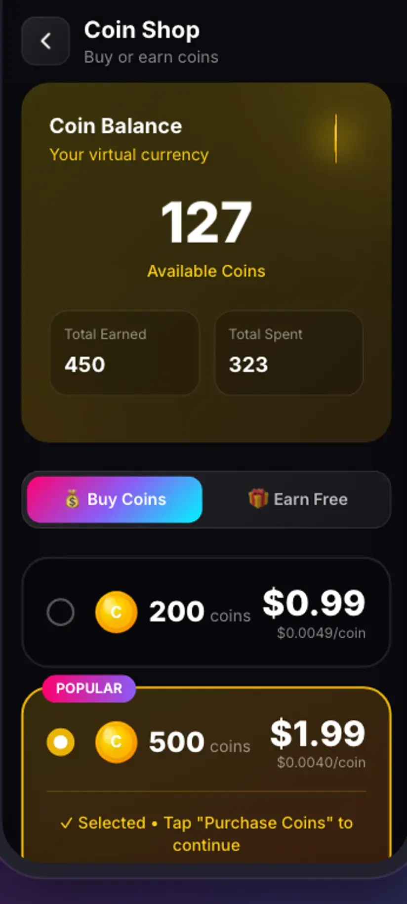 Savvy — the coin shop, showing coin packs and ways to earn coins free