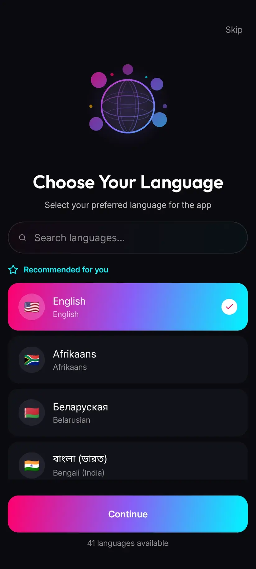 Savvy — language selection, showing the languages the app ships in