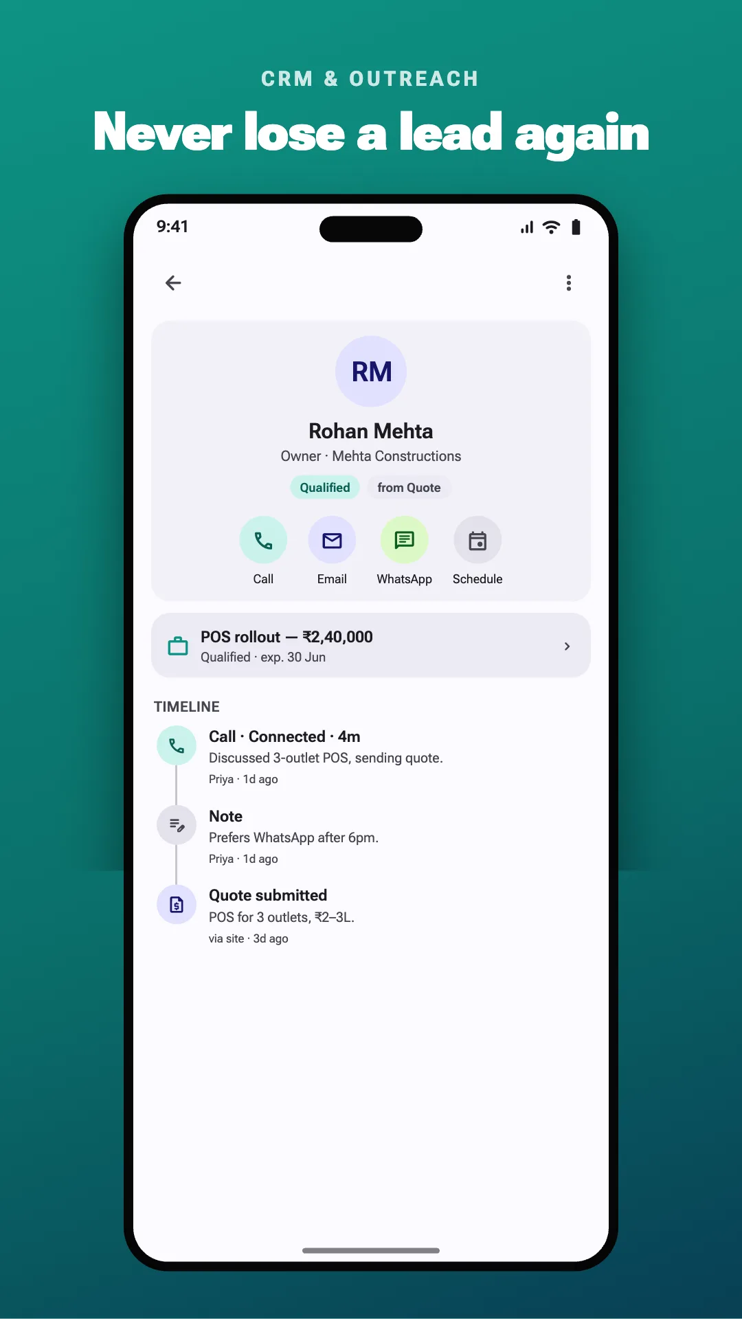 Devikon CRM contact and outreach screen