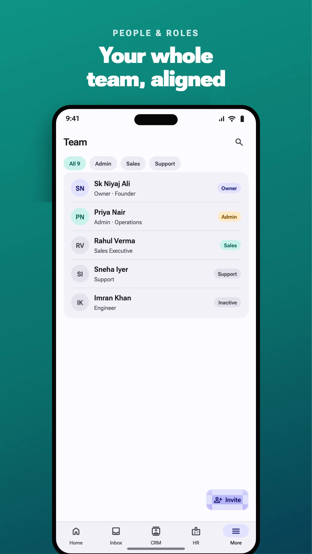 Devikon team directory with roles and status